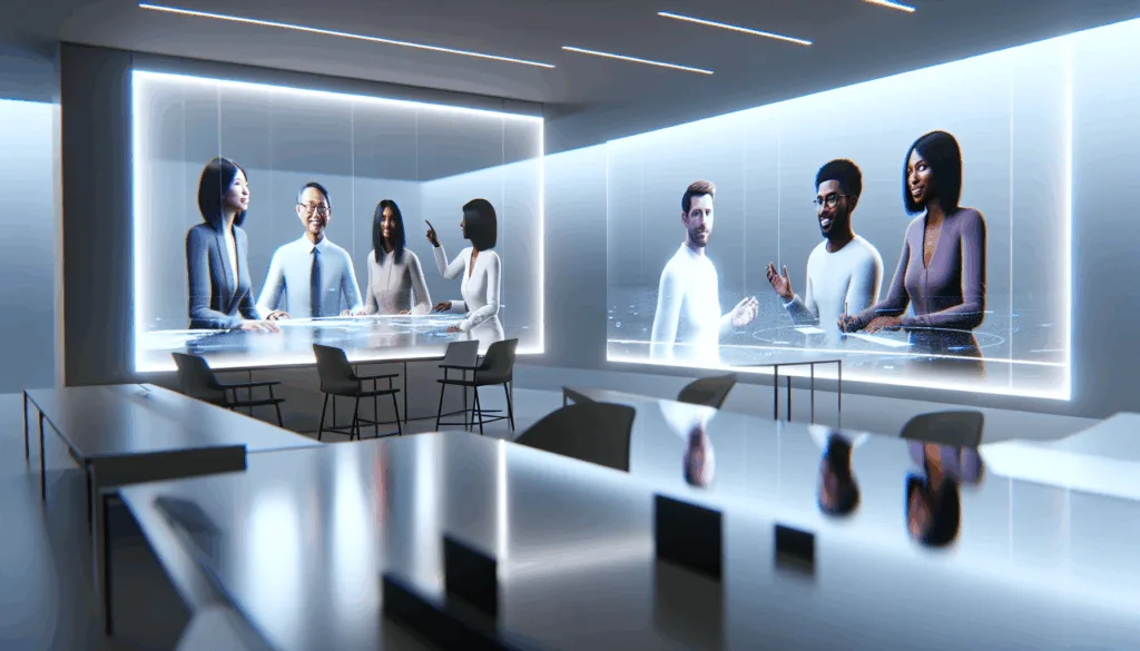 People collaborating in a futuristic virtual meeting room, interacting with holographic whiteboards and 3D models, cinematic lighting, depth of field, ultra-realistic, high quality, 1024x1024