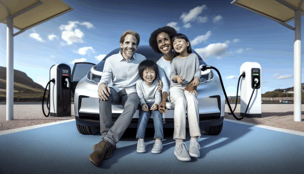 Happy family charging their 2025 Tesla Model 3 at a Supercharger station