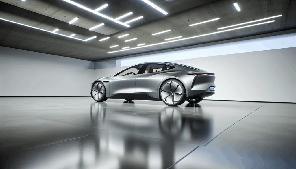 Aerodynamic profile of the 2025 Tesla Model 3 parked in a modern, minimalist garage