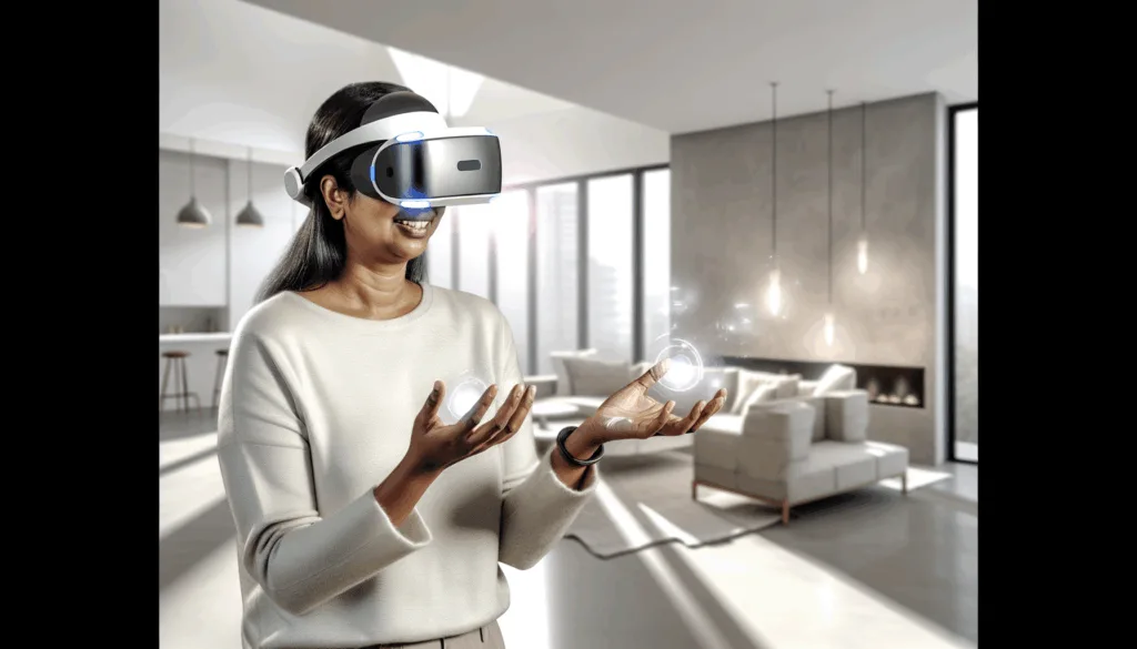 Person wearing a sleek, futuristic VR headset in a bright, modern living room, interacting with virtual objects floating in the air, cinematic lighting, depth of field, ultra-realistic, high quality, 1024x1024