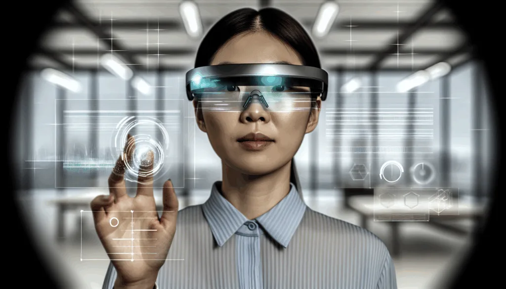 Person wearing sleek AR glasses, with holographic interfaces floating around them in a modern office, cinematic lighting, depth of field, ultra-realistic, high quality, 1024x1024