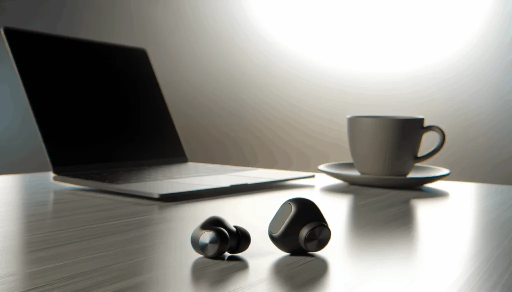 Wireless earbuds on a sleek modern desk