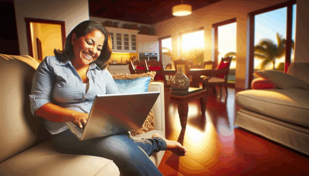 Happy person using a new laptop