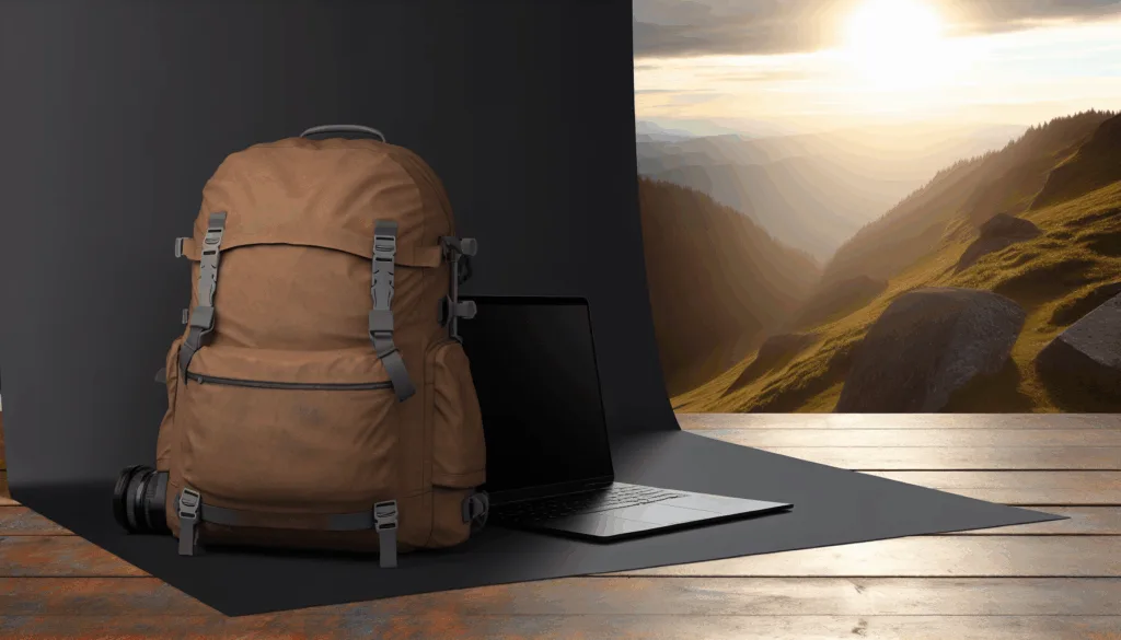 Portable notebook on a traveler's backpack