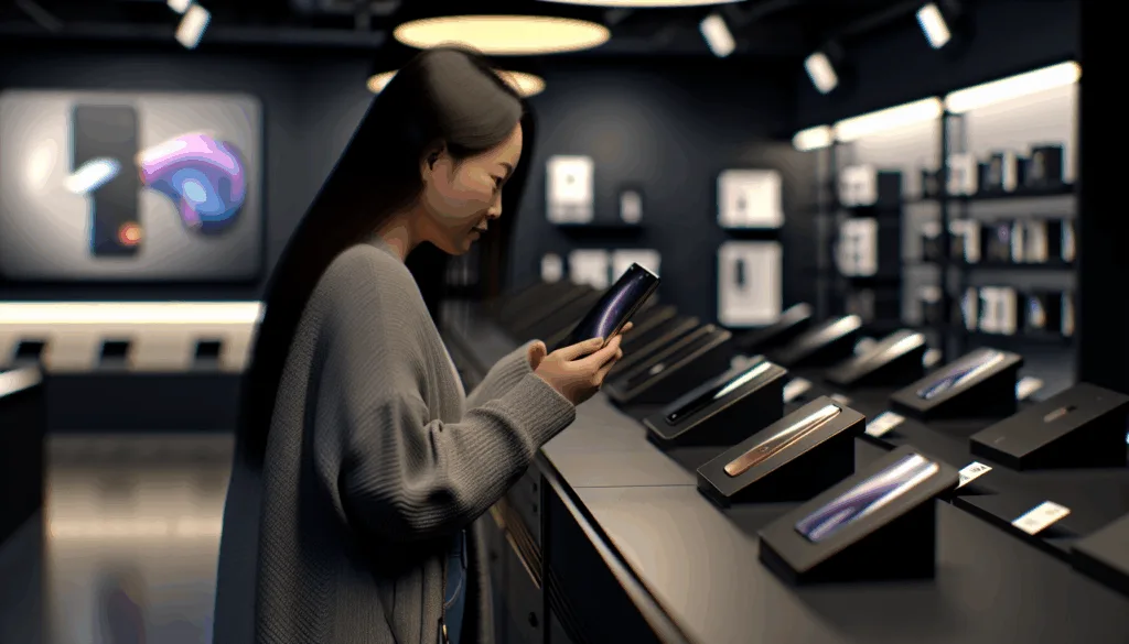 Person examining a smartphone in a store