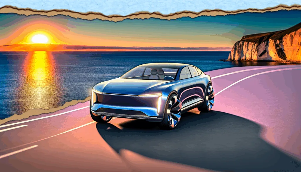 Sleek 2025 Tesla Model 3 driving on a winding coastal road at sunset