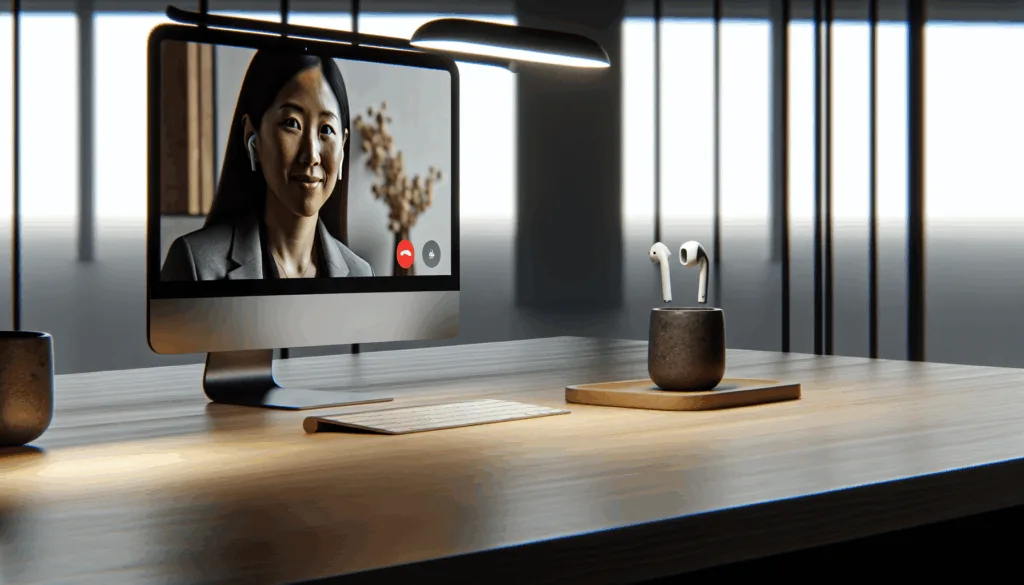Person using wireless earbuds in an office setting